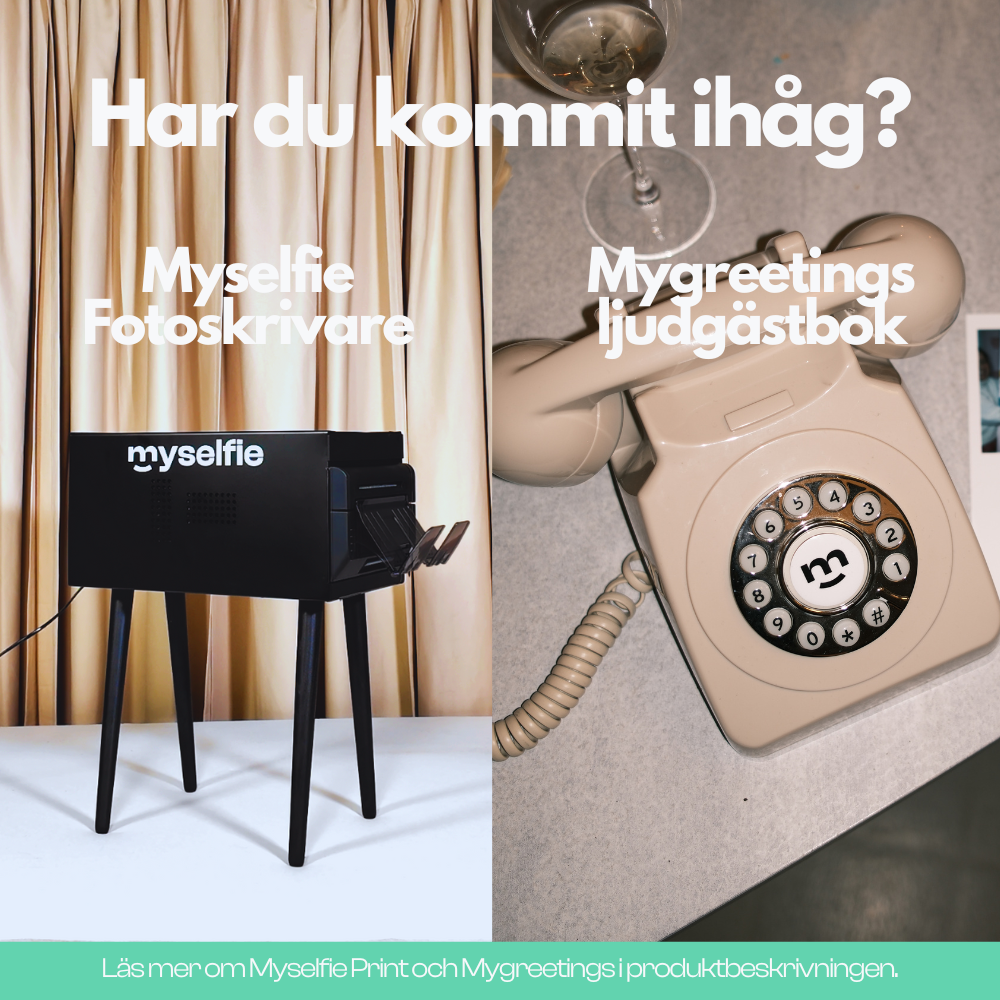 Myselfie fotoskrivare och en retrotelefon som ljudgästbok