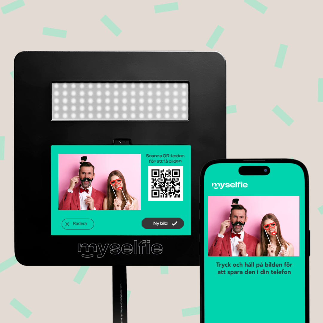 Myselfie fotobås med bild och QR-kod på skärmen bredvid en mobil