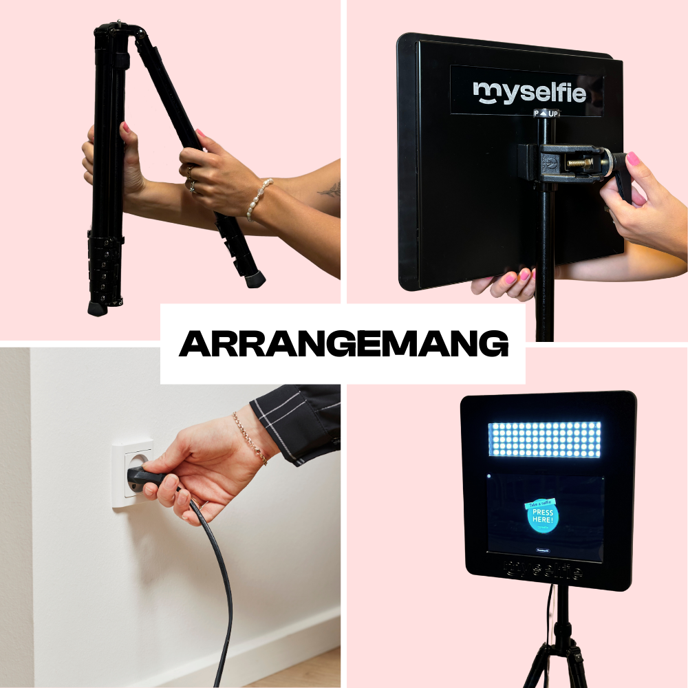 Uppställning av Myselfie fotobås i fyra steg: stativ, skärm, ström och start