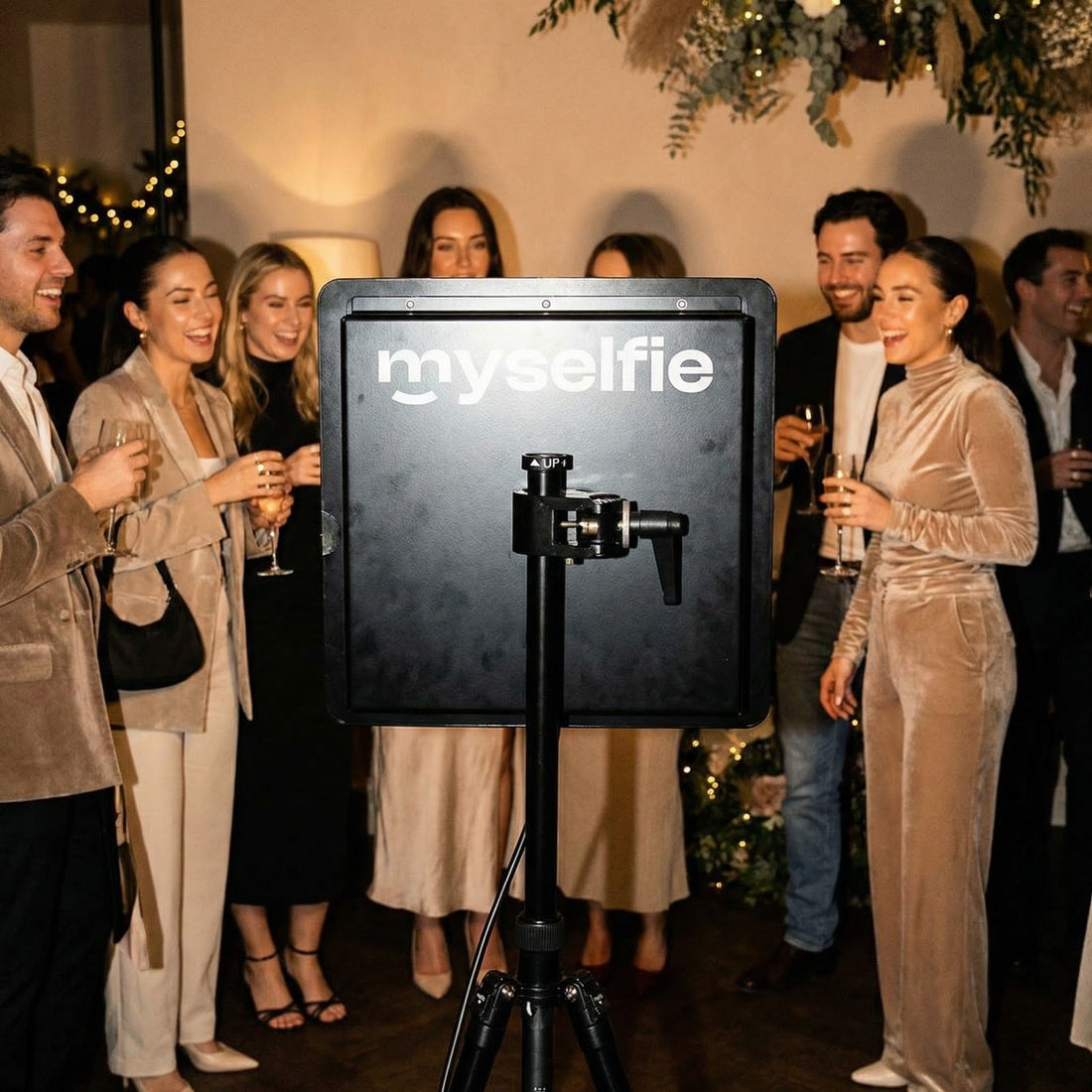 Festgäster samlas runt en Myselfie fotobås på en middag
