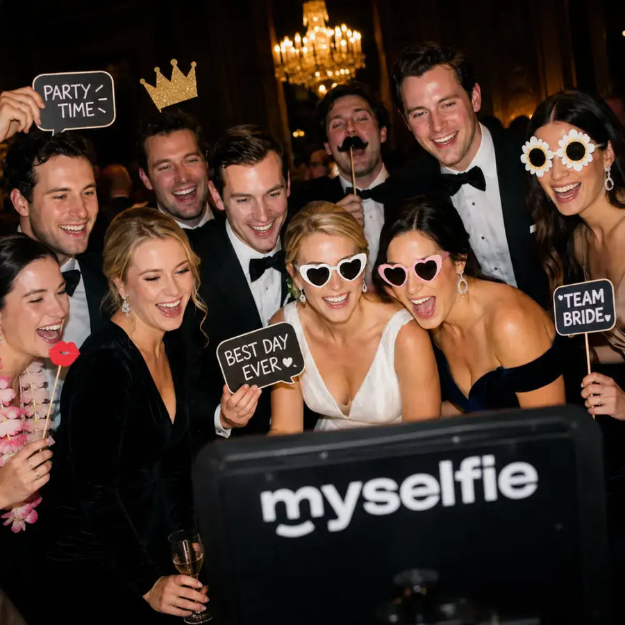 Bröllopsgäster med Team Bride- och Best day ever-rekvisita framför Myselfie