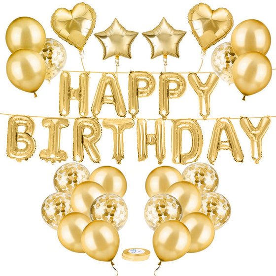 Guldfärgade ballonger och folieballonger som bildar texten Happy Birthday